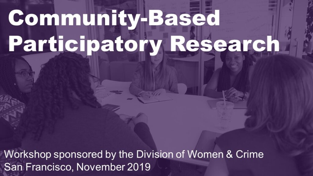 A purple slide showing a group of people at a table and the words Community based Participatory research