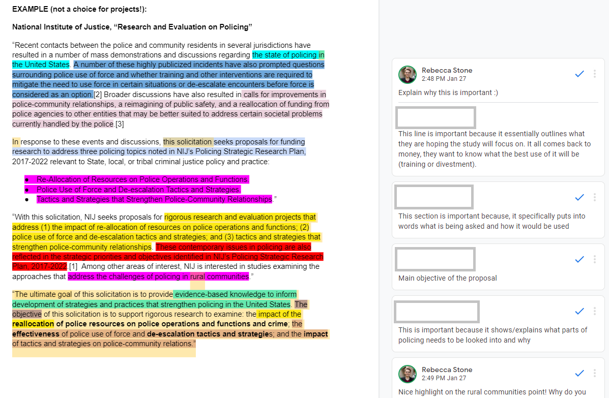 An image showing a highlighted and commented Google Document. The text describes a request for proposals to study policing issues. Students have highlighted sections in different colors, and there are comments with names hidden.